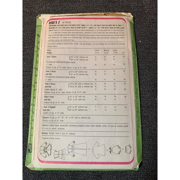 Simplicity 8817 Vintage Baby Doll Clothes for 13" & 14" Doll Sewing Pattern 1978 - Picture 2 of 2